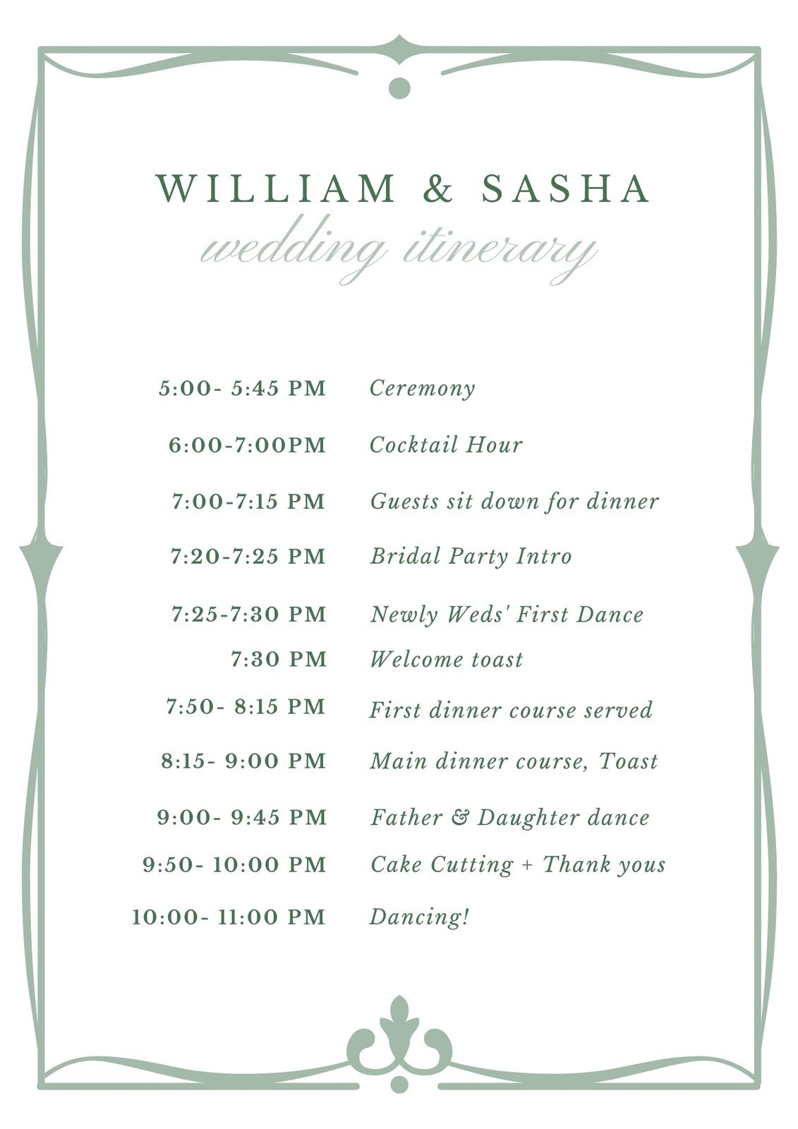 Wedding Itinerary Template Free Printable Templates