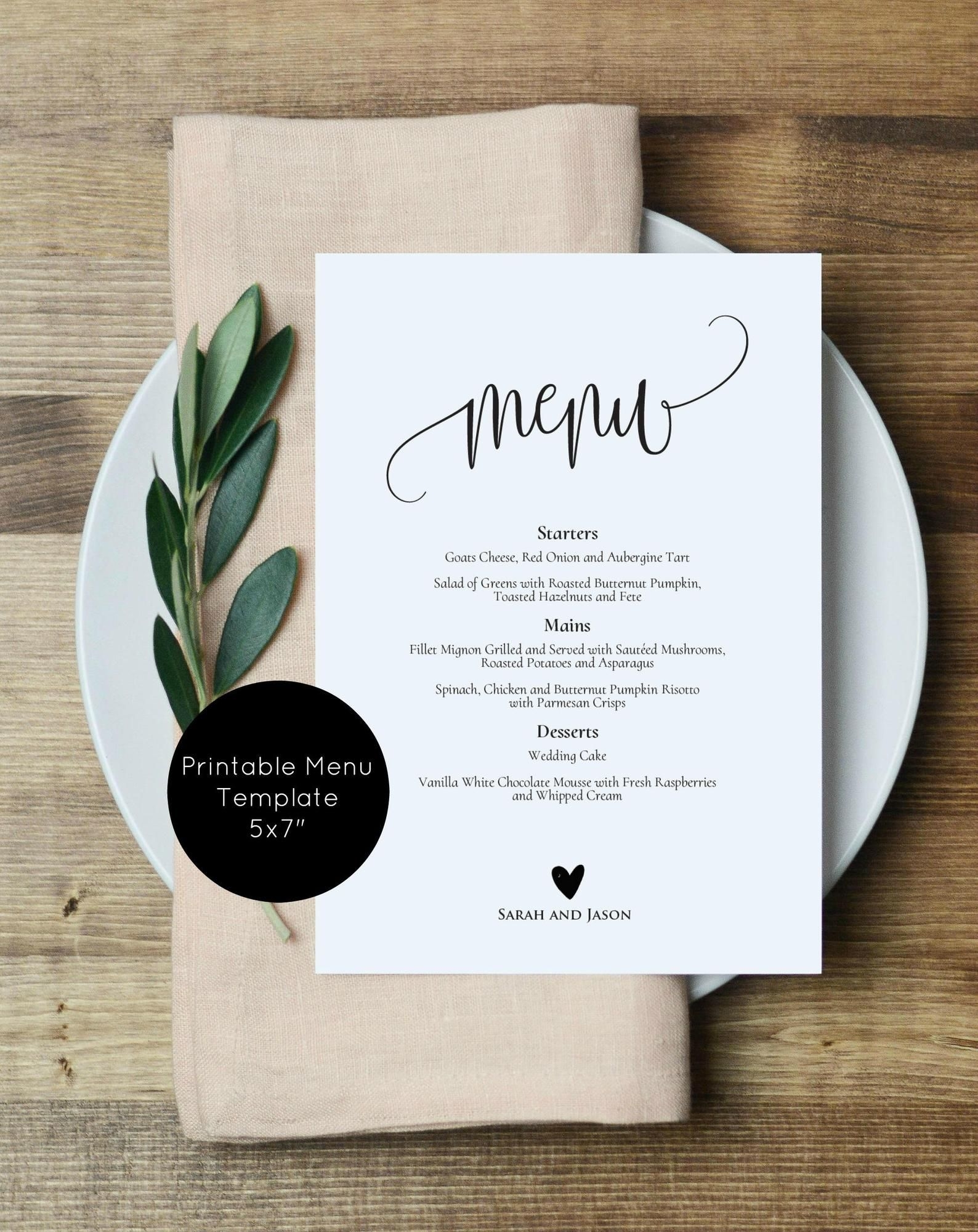 Wedding Menu Printable Rustic Menu Printable Wedding Menu Template 