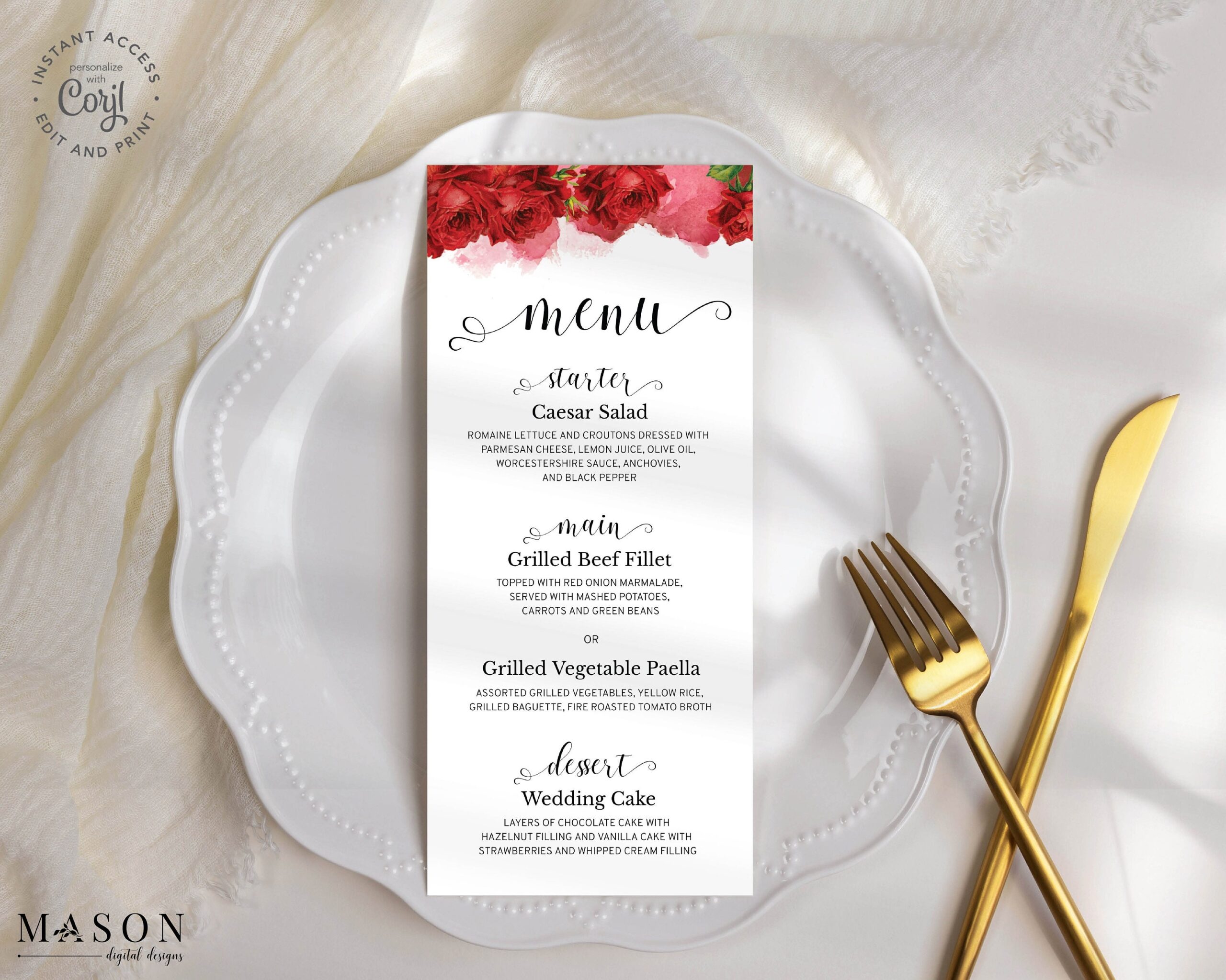 Wedding Menu Printable Template With Red Roses And Red Etsy