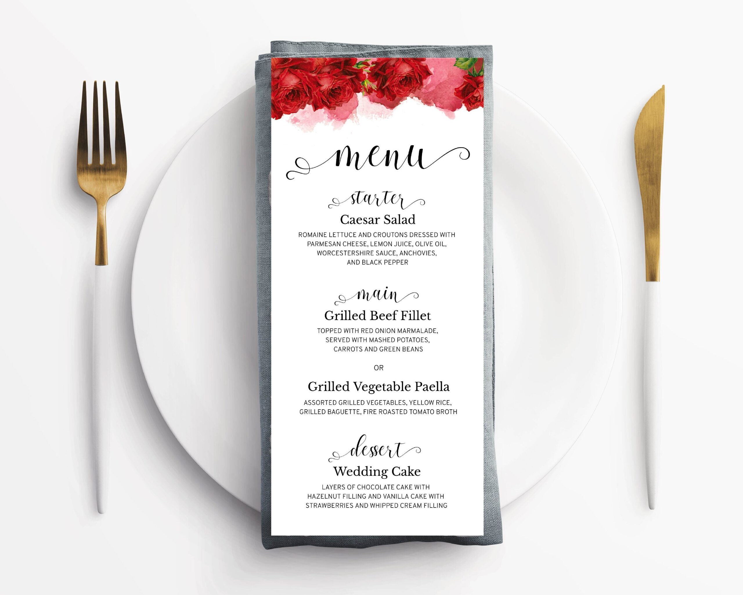 Wedding Menu Printable Template With Red Roses And Red Etsy