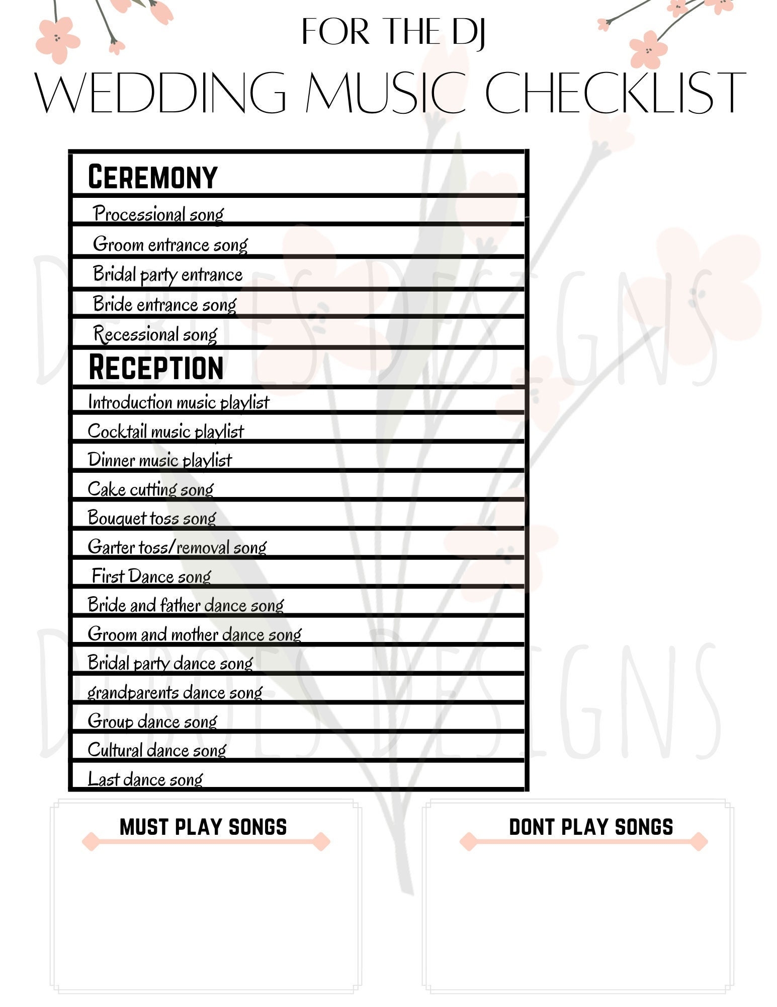 Wedding Music Checklist Template Wedding Planning Wedding Organization Wedding Printable Digital Download Flowers Floral Elegant