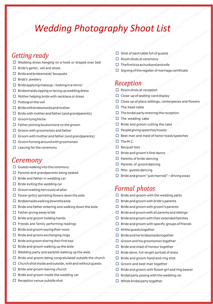 Wedding Photography Checklist Pdf
