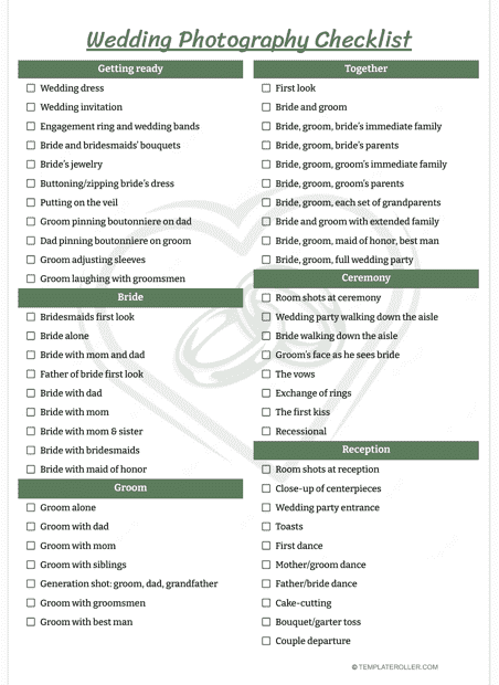 Wedding Photography Checklist Template Download Printable PDF
