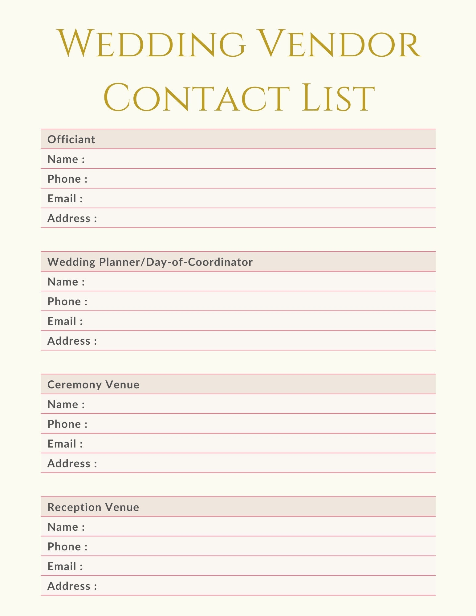 Wedding Planner PDF Venue Planner Printable Wedding Vendor 