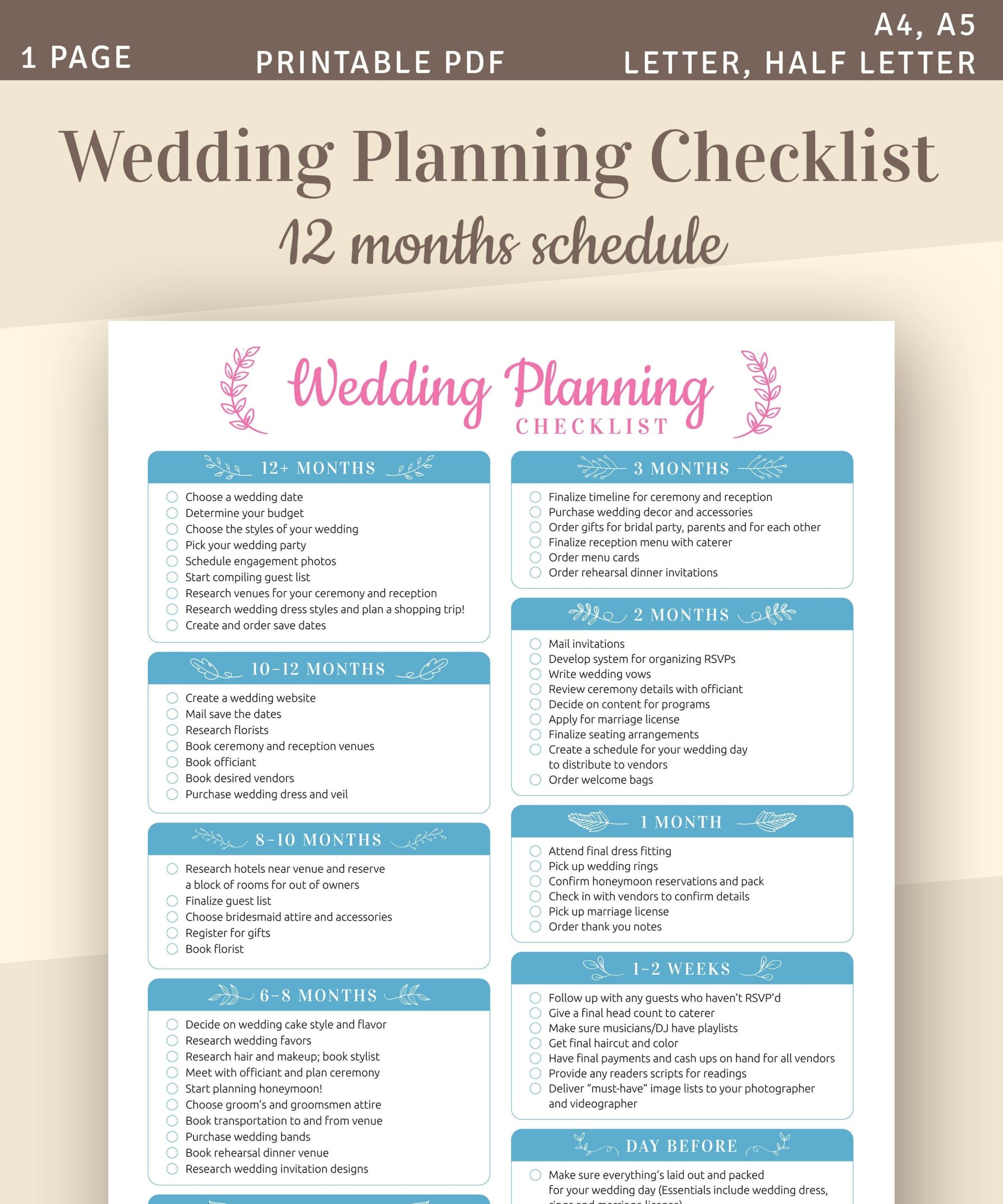 Wedding Planning Checklist Printable Wedding Template A4 A5 Letter Half Letter Instant Download Etsy