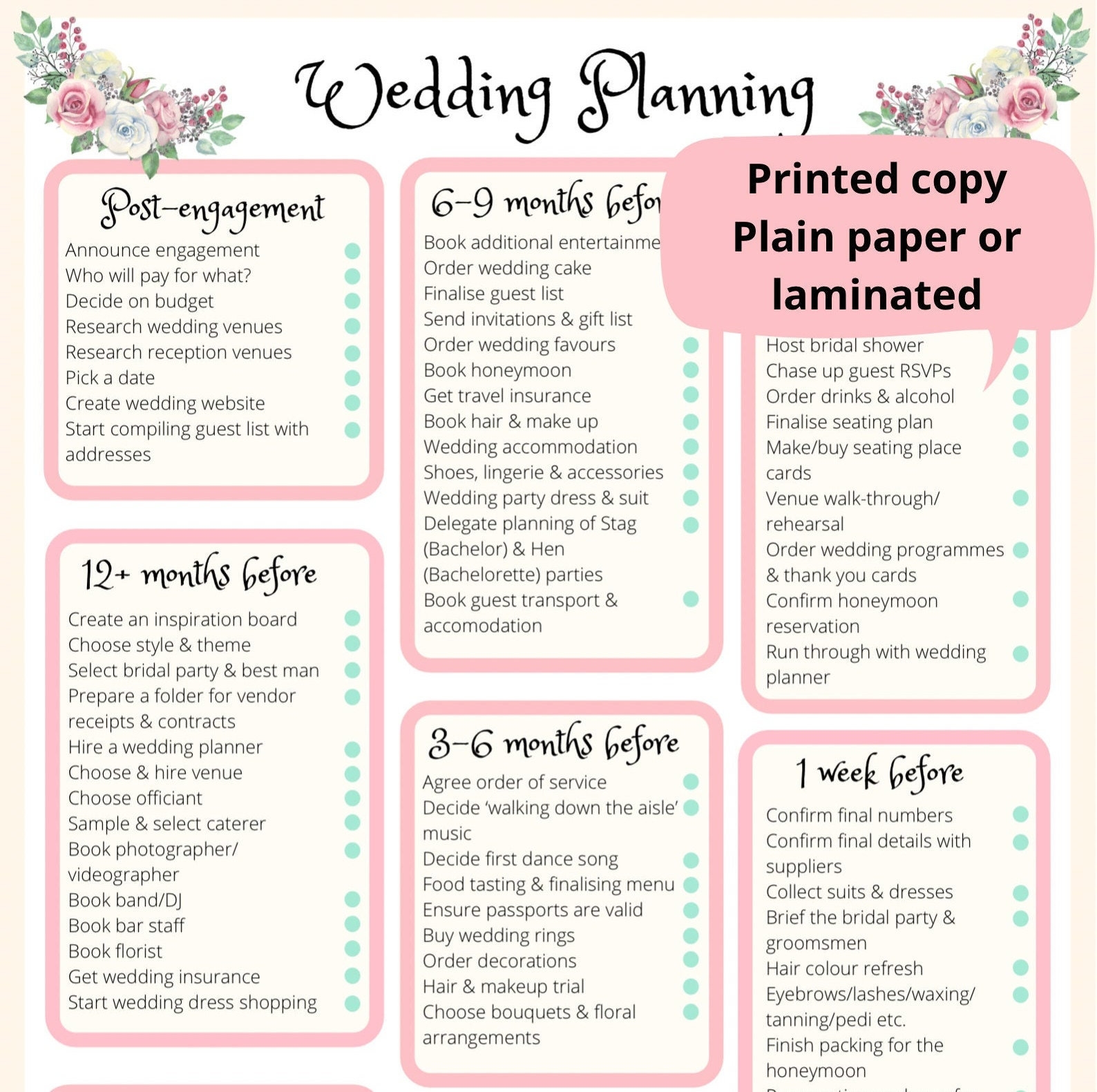 Wedding Planning Checklist Printed Laminated Etsy Worksheets Library