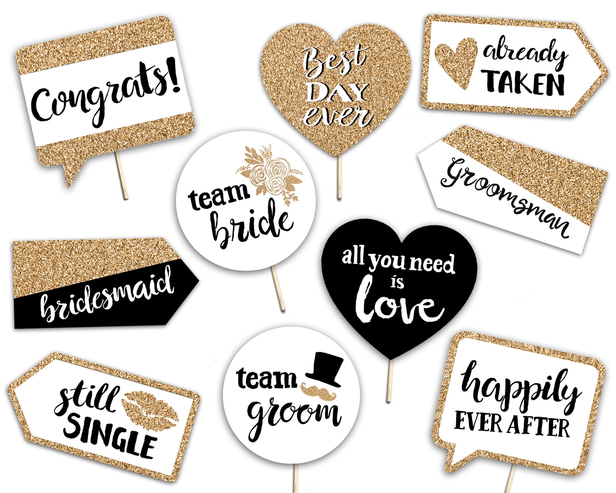 Wedding Printable Photo Booth Props Gold Black And White 10 Hand Painted Signs Party Photobooth Etsy
