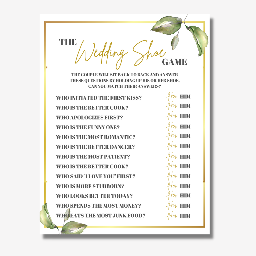Wedding Shoe Game Printable Greenery And Gold