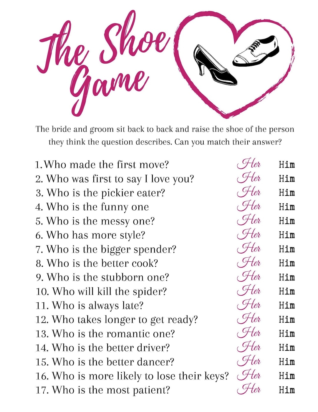 Wedding Shoe Game Questions Printable