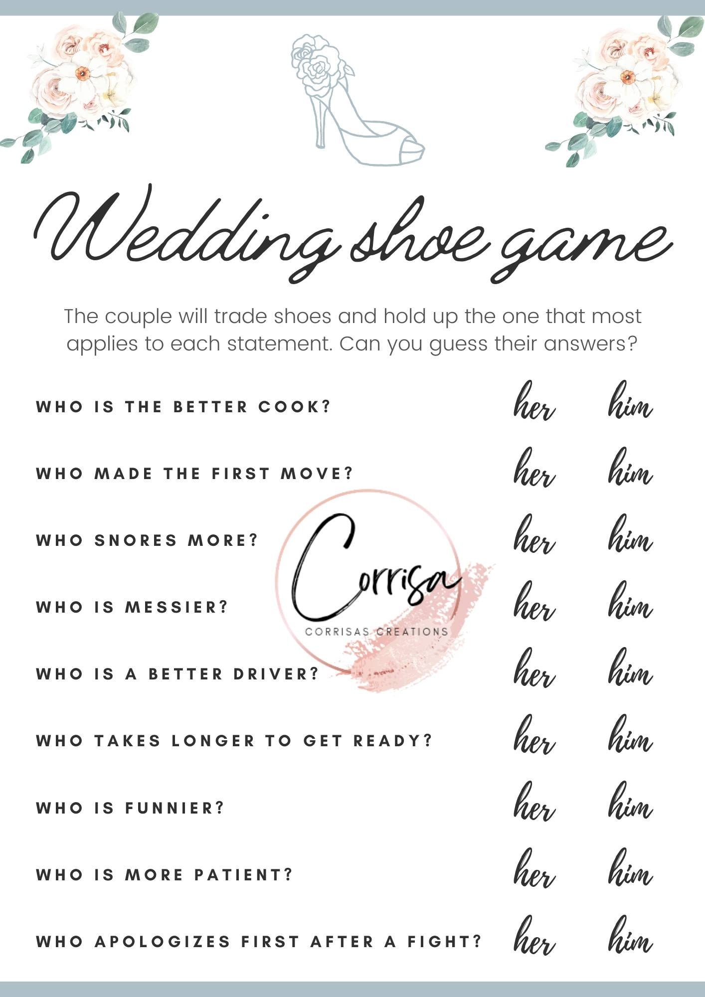 Wedding Shoe Game Questions Printable