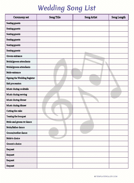 Wedding Song List Template Download Printable PDF Templateroller