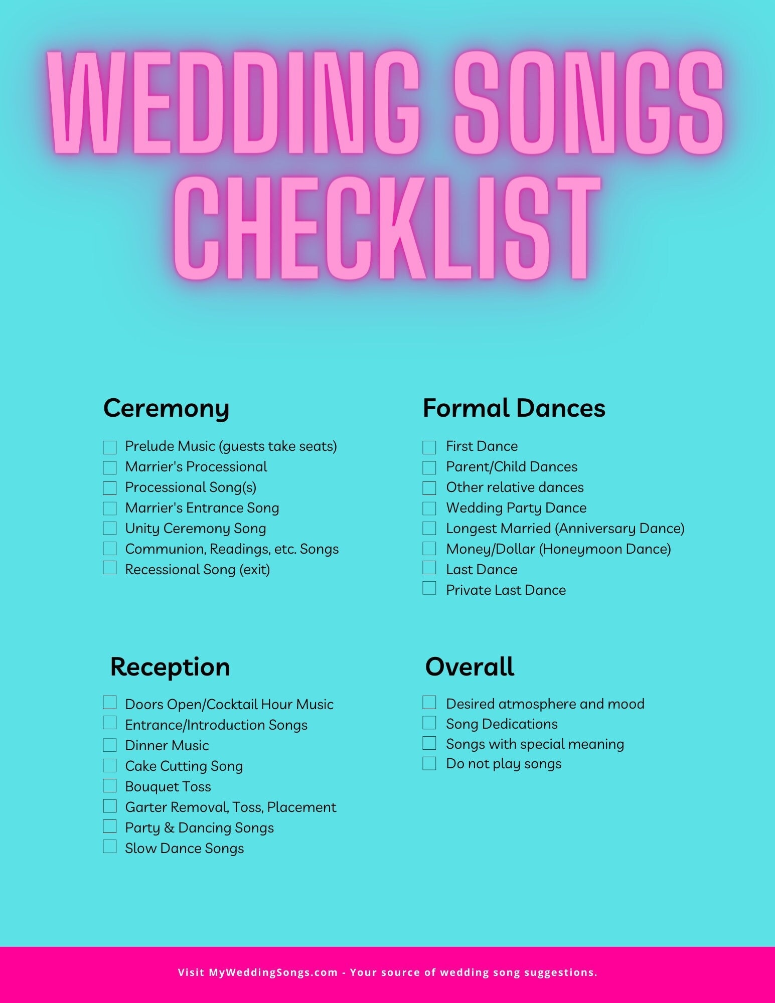 Wedding Songs Checklist Printable PDF Wedding Planning Music Checklist