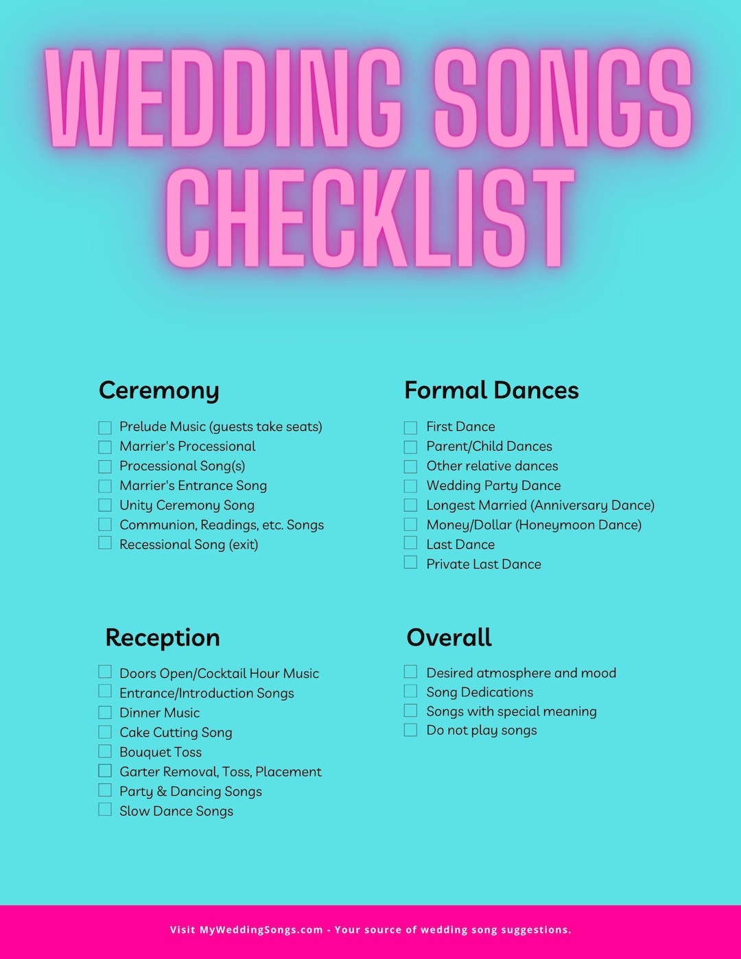 Wedding Songs Checklist Printable PDF Wedding Planning Music 