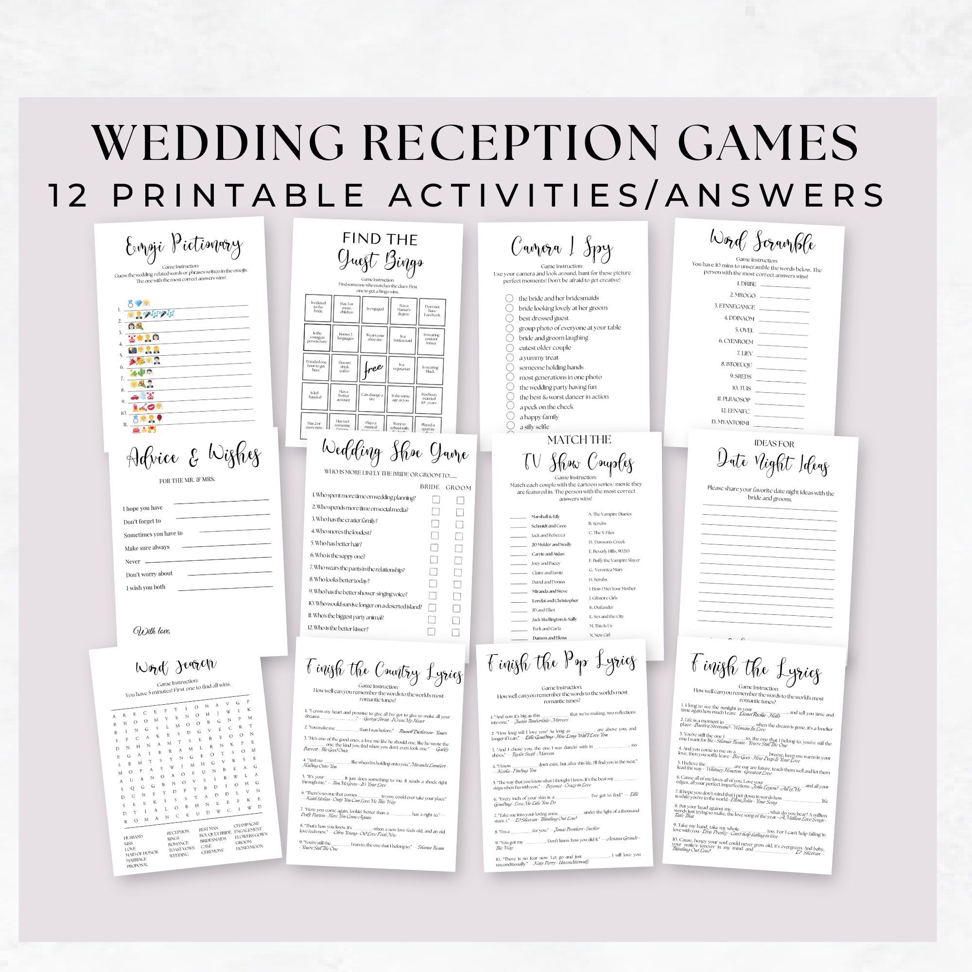Wedding Table Games Bundle INSTANT DOWNLOAD Wedding Table Reception 