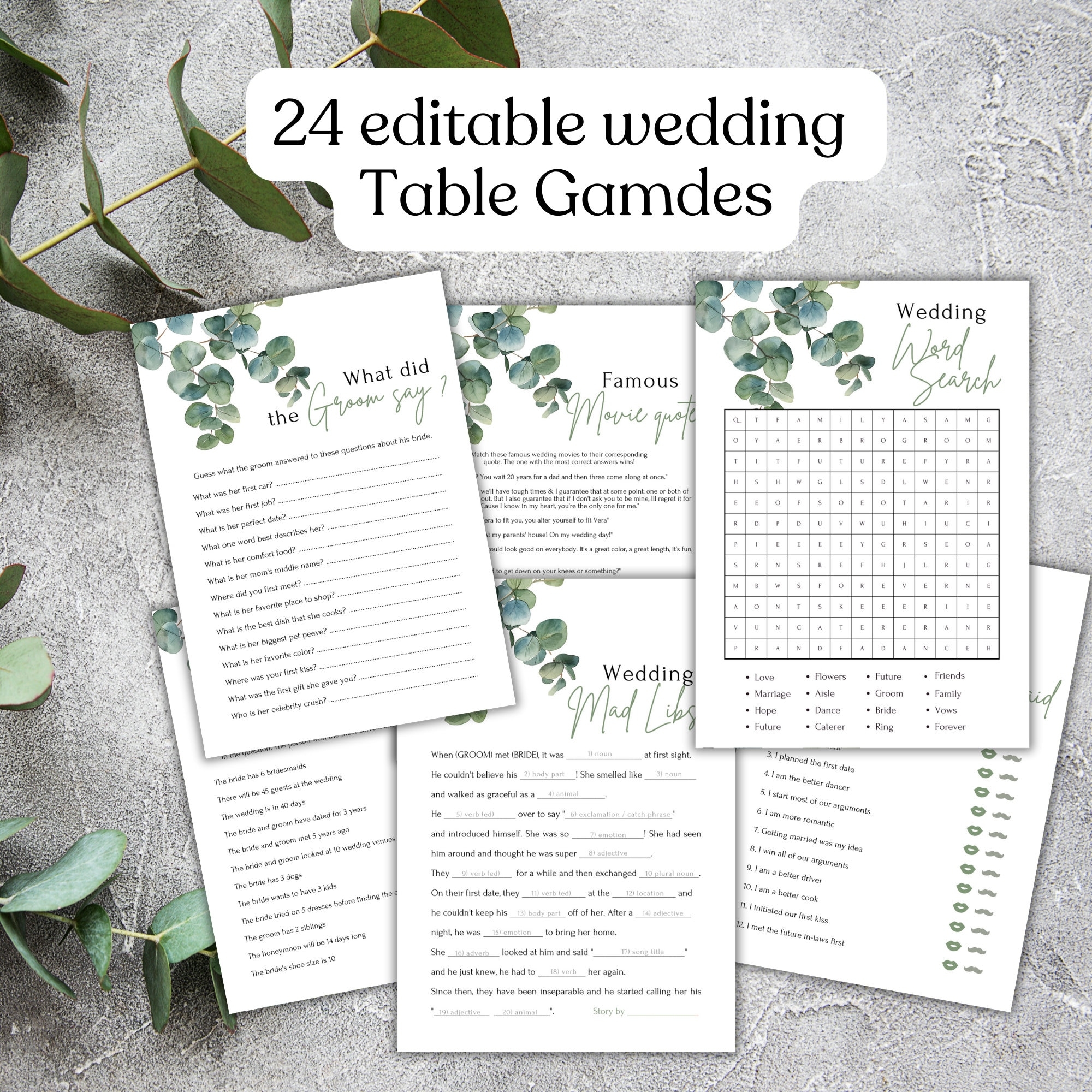 Wedding Table Games For Guests Eucalyptus Editable Printable 