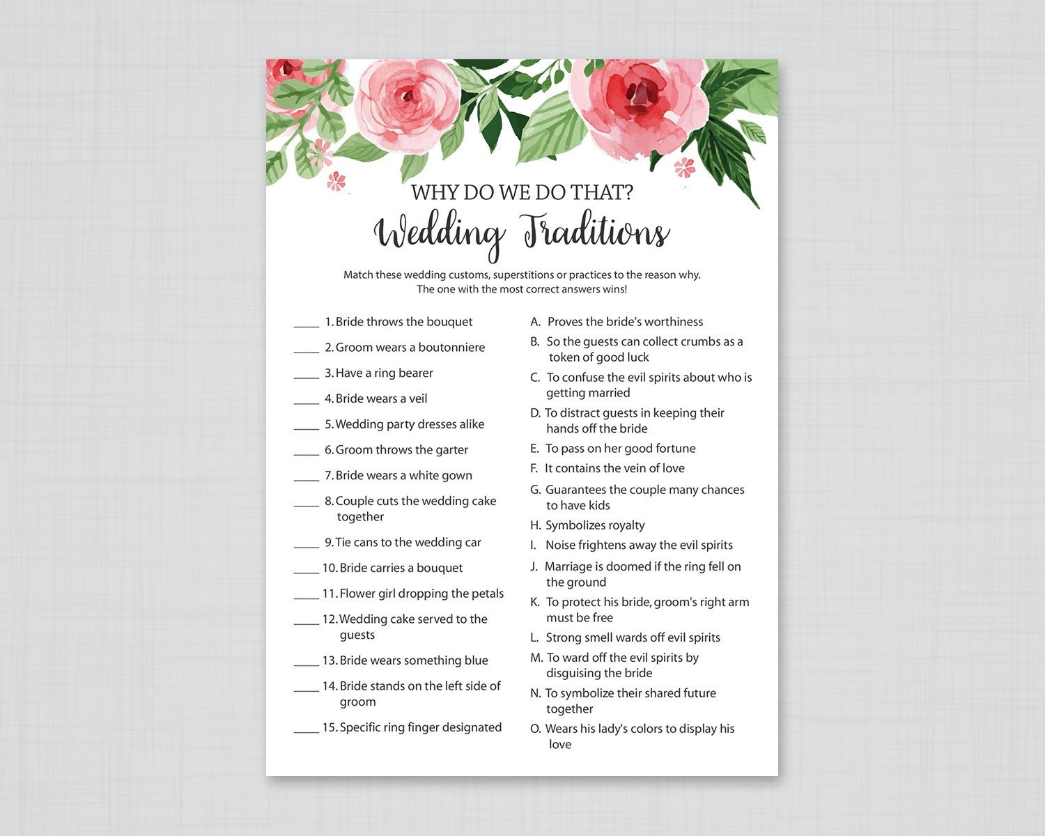 Wedding Traditions Guessing Game Printable Why Do We Do That bridal Shower Trivia Games Wedding Traditions Quiz Name That Tradition J003 Etsy