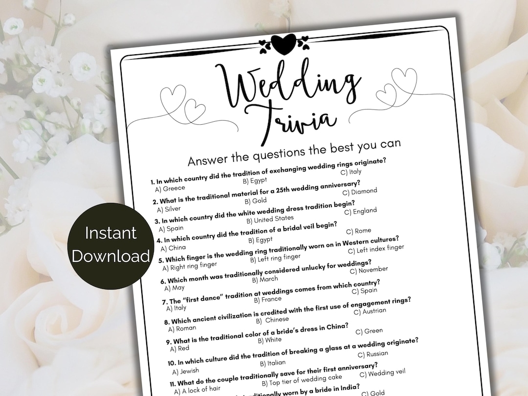 Wedding Trivia Game Wedding Quiz Wedding Party Game Bridal Shower Trivia Game Printable Bridal Shower Games Wedding Activity Etsy