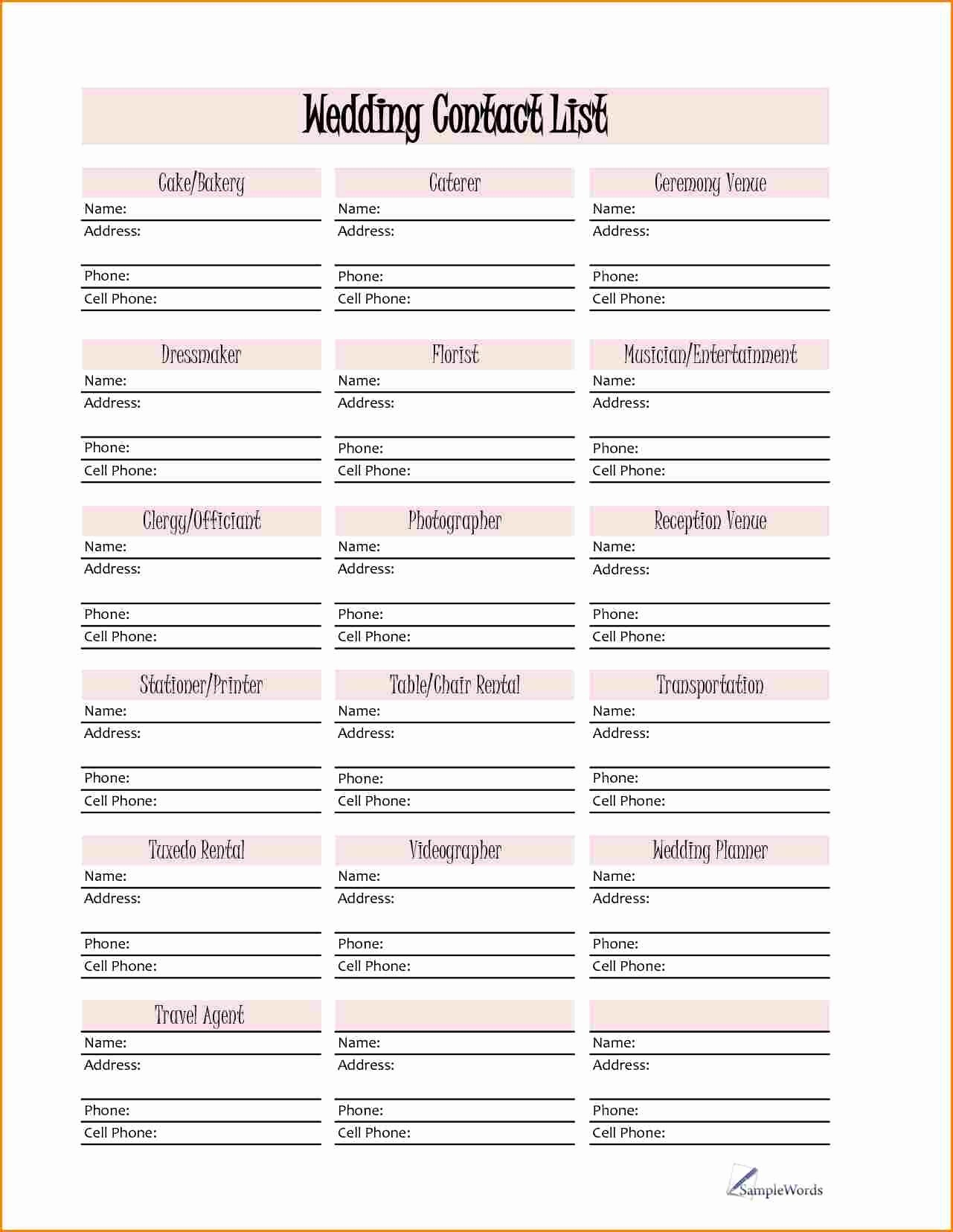 Wedding Vendor Contact List Template Peterainsworth