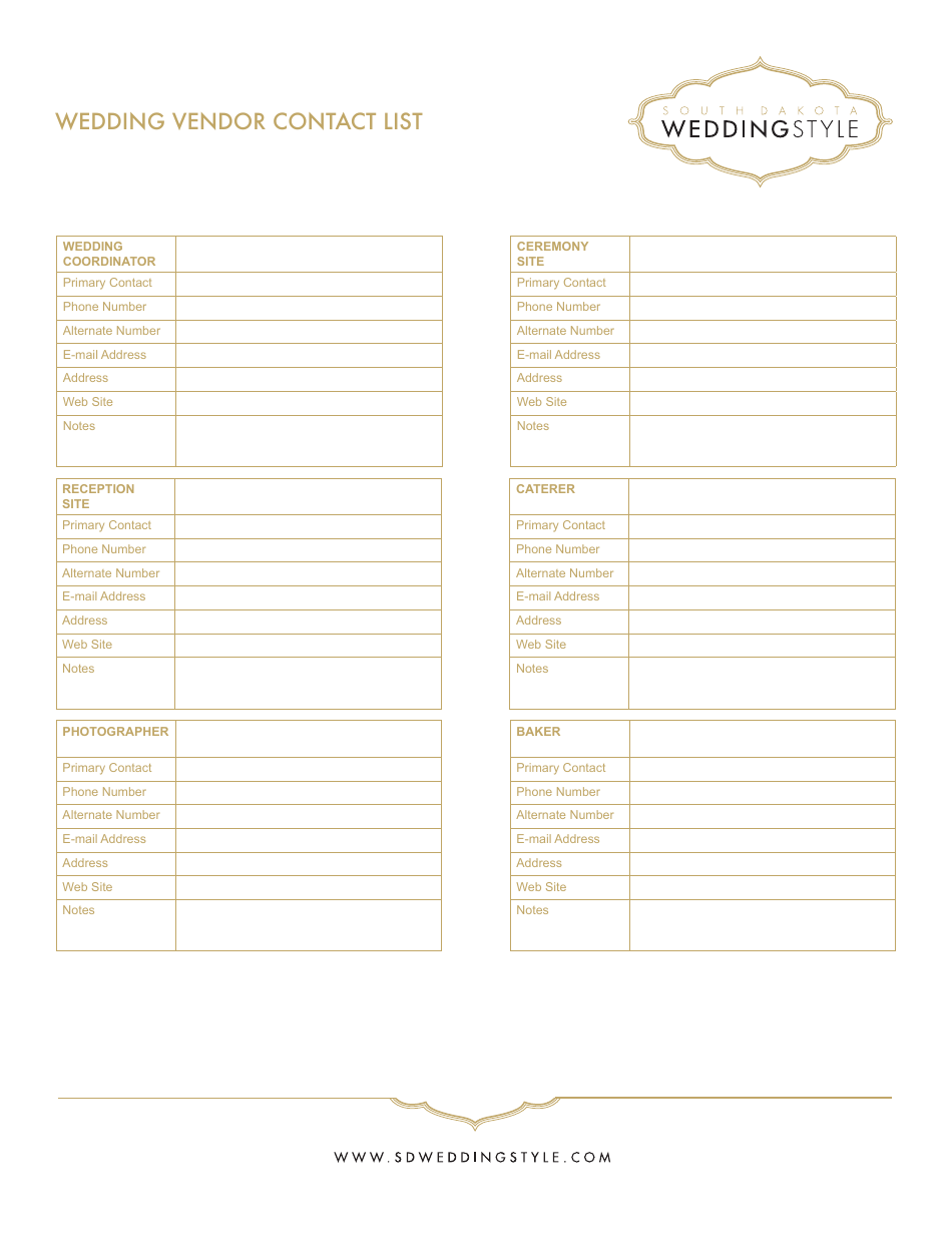 Wedding Vendor Contact List Template Weddingstyle Download Printable 