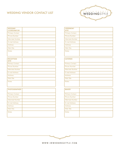 Wedding Vendor Contact List Template Weddingstyle Download Printable