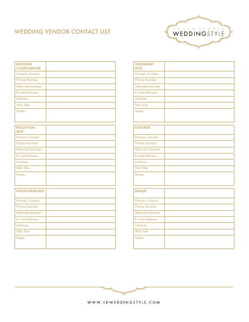 Wedding Vendor Contact List Template Weddingstyle Download Printable 
