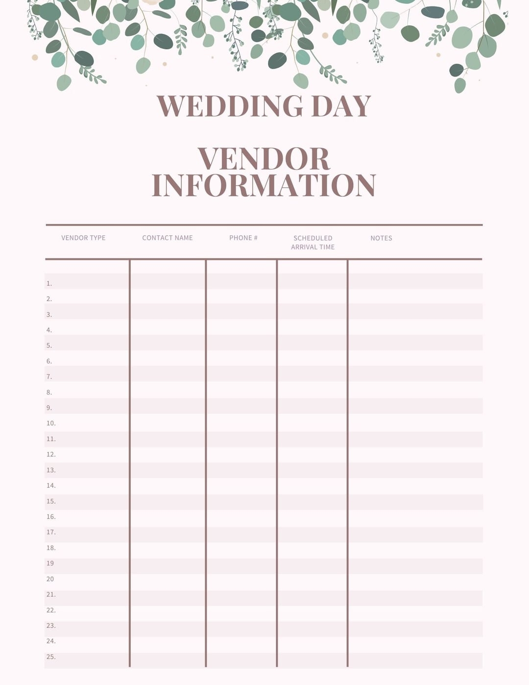 Wedding Vendor Contact Sheet FILLABLE INSTANT DOWNLOAD Etsy