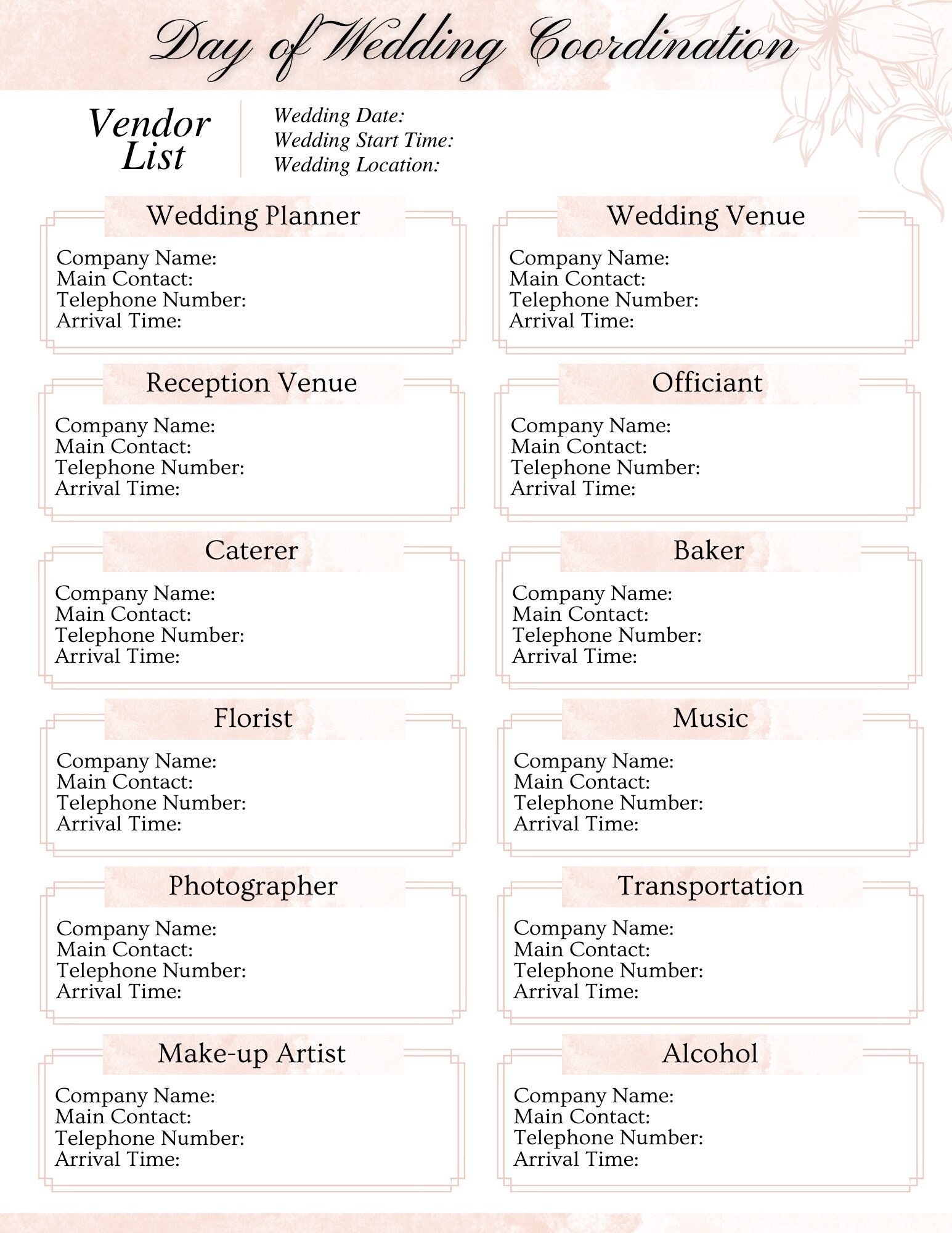 Wedding Vendor List Instant Download Editable Printable Wedding Template Wedding Planner