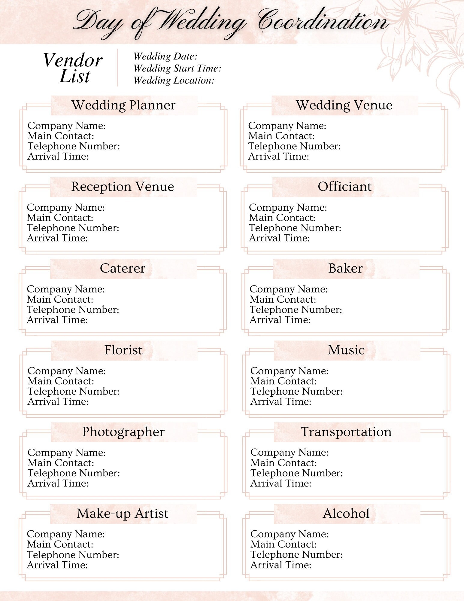 Wedding Vendor List Instant Download Editable Printable Wedding Template Wedding Planner