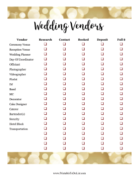 Wedding Vendors Checklist