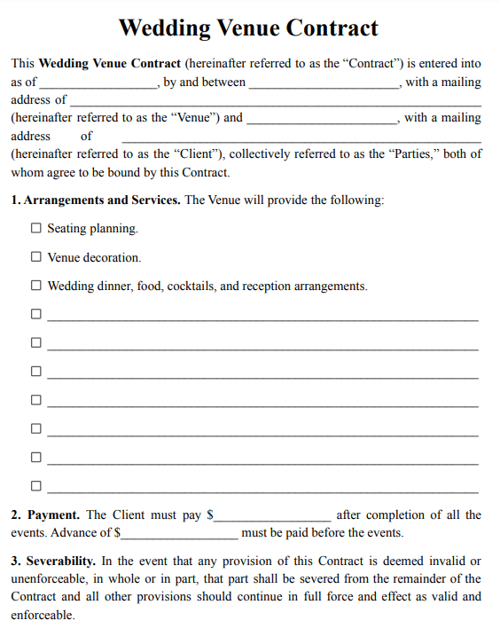 Wedding Venue Contract Template 2025 FREE Template 