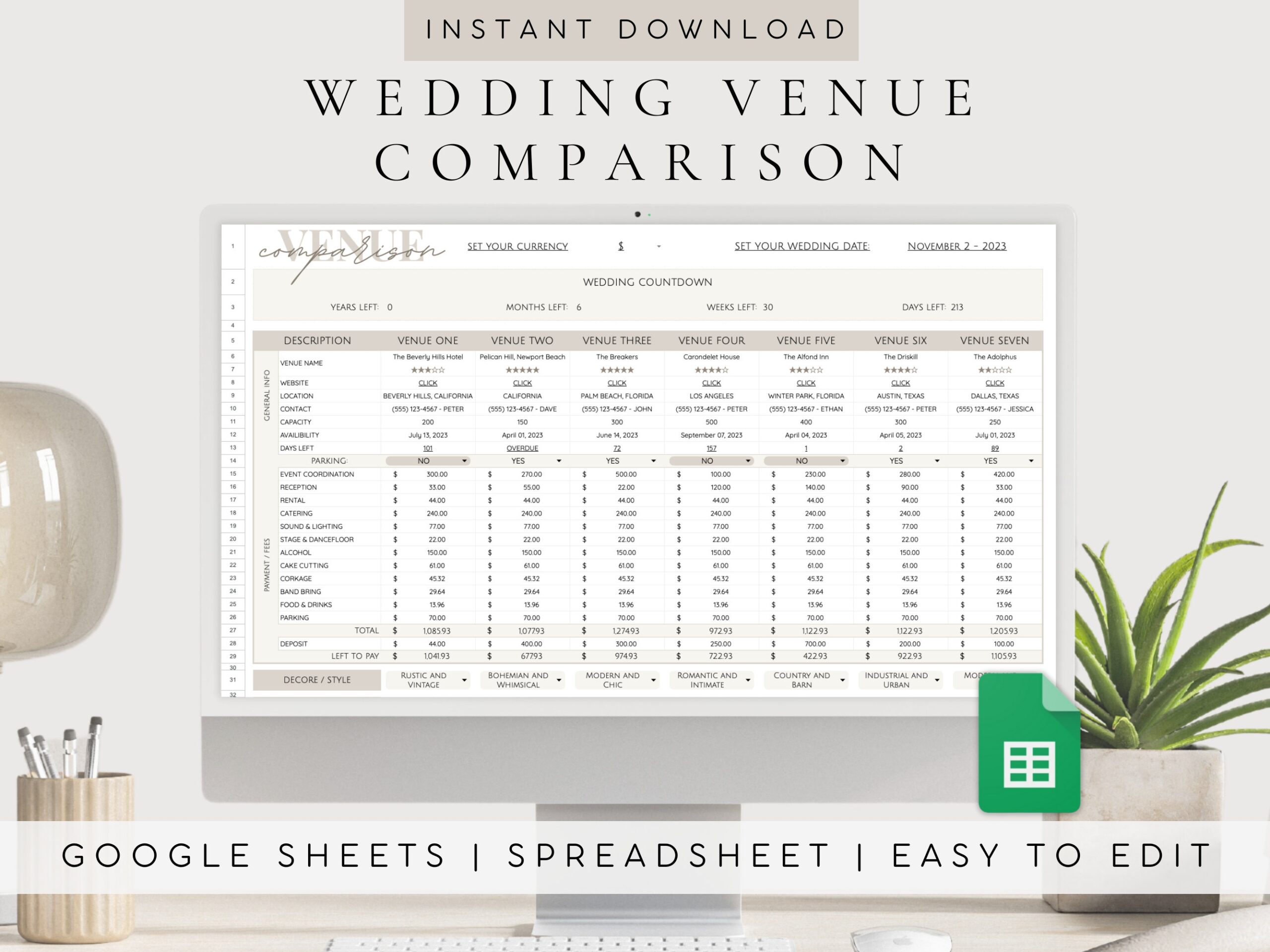 Wedding Venue Venue Comparison Spreadsheet Wedding Planner Etsy