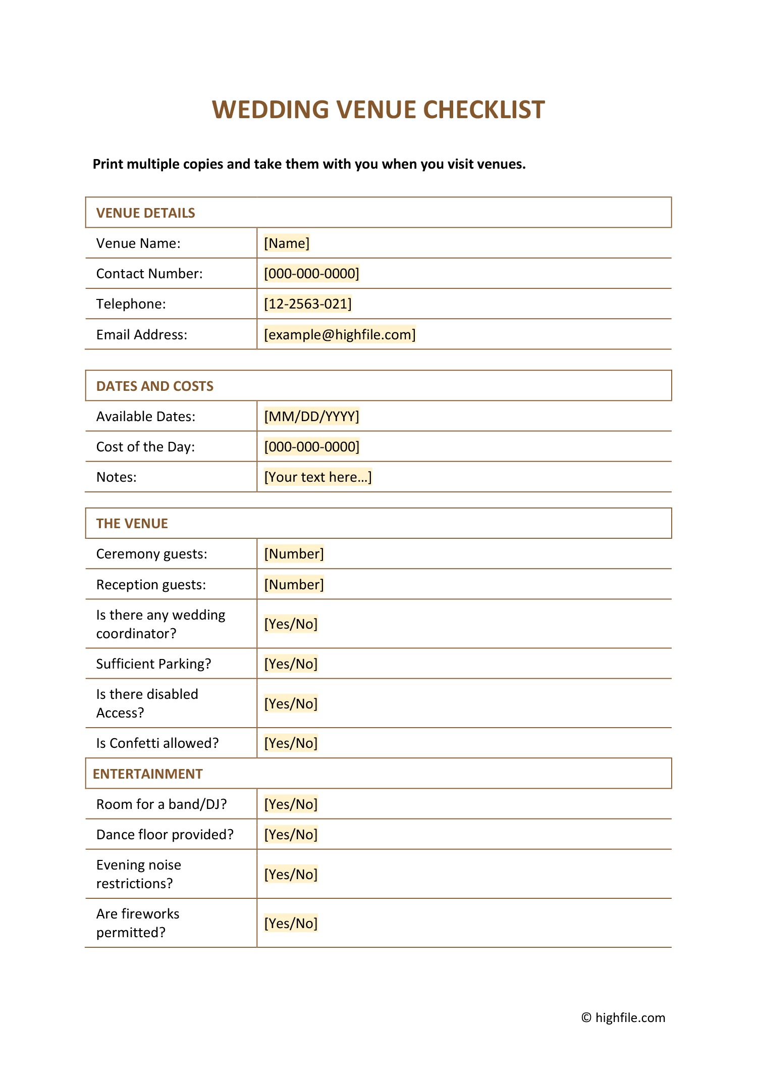 Wedding Venues Checklist FREE Template Word PDF Docs