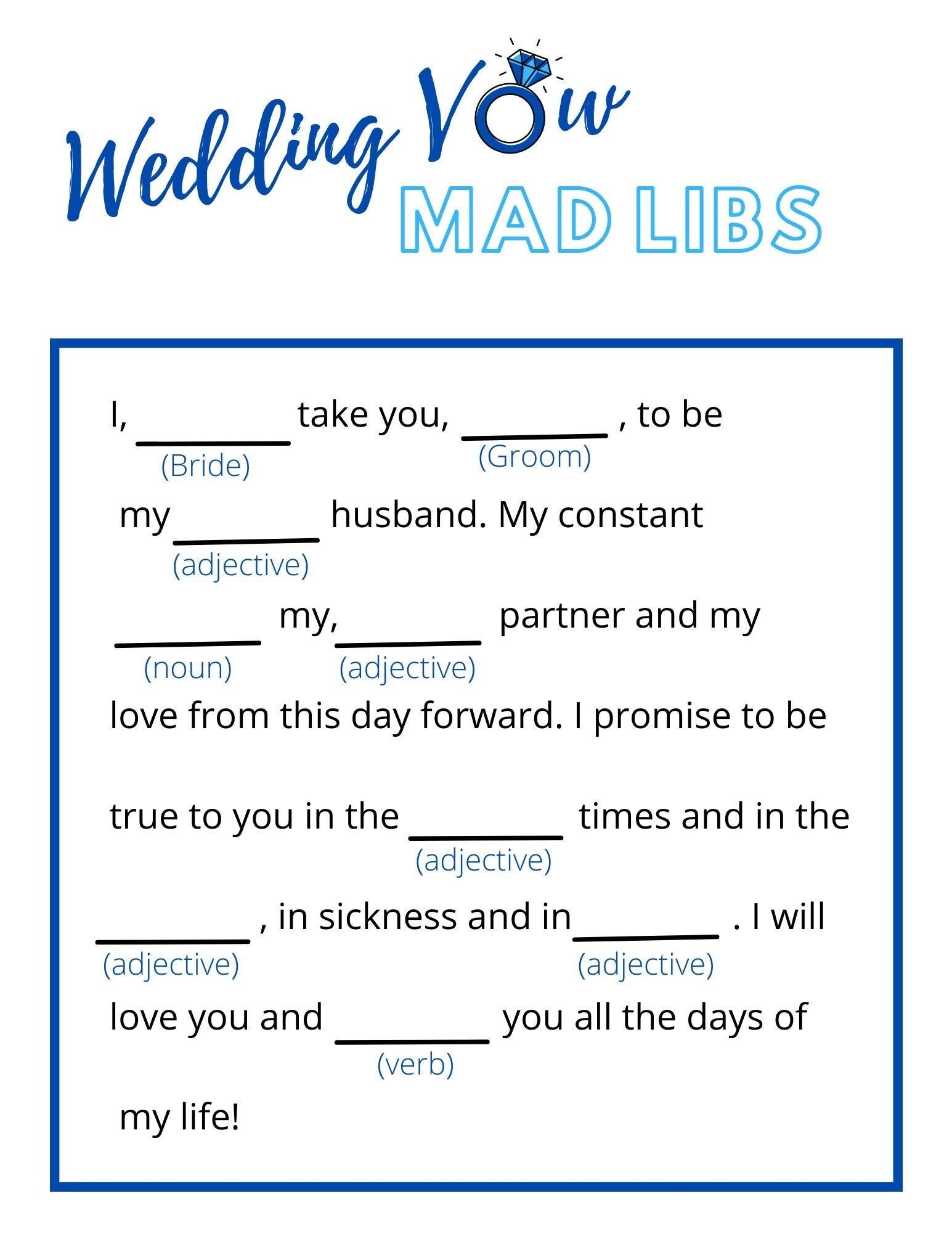 Wedding Vow Mad Libs Printable Bridal Shower Game Instant Download Etsy