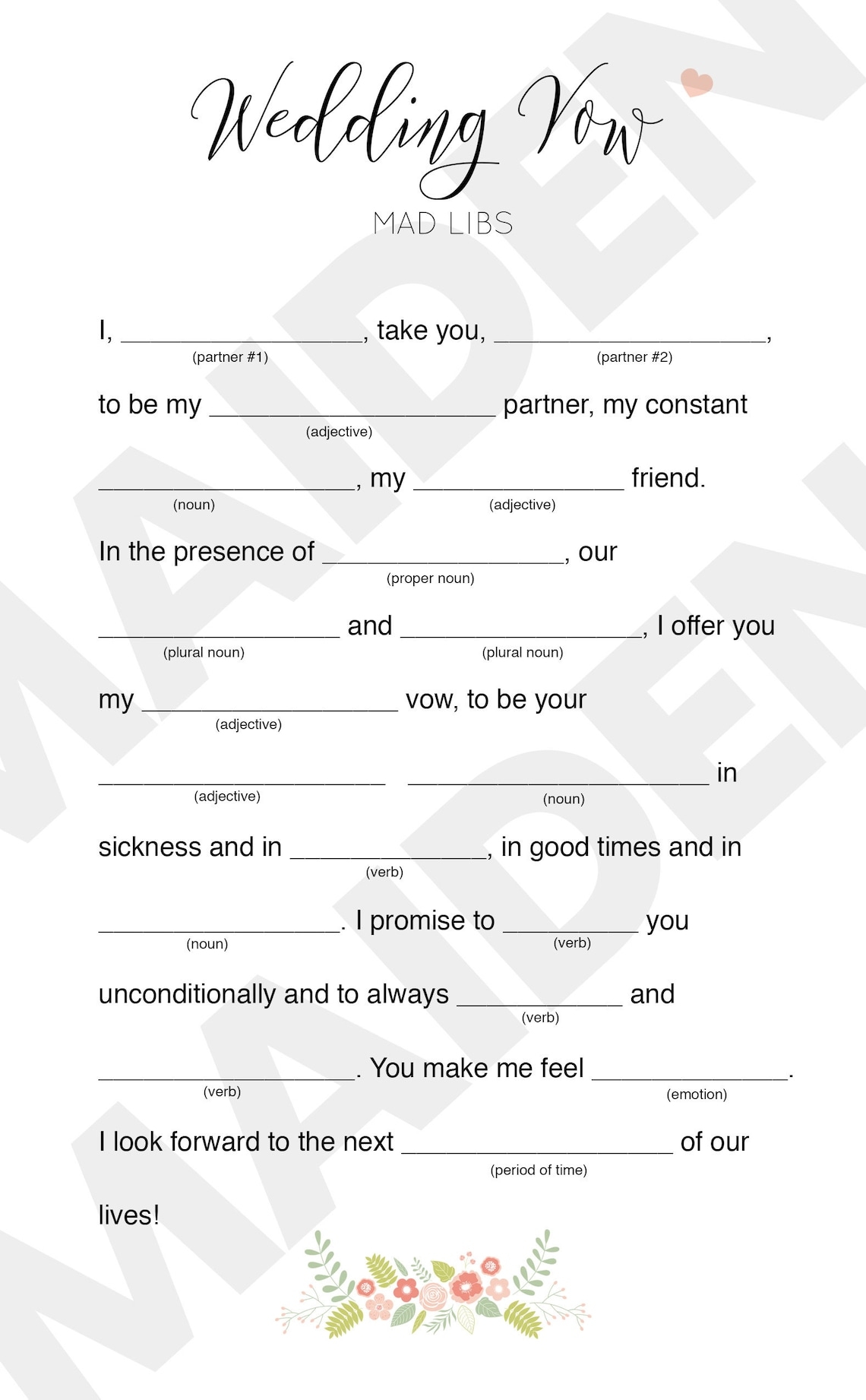 Wedding Vow Mad Libs Printable Digital File For Bridal Shower Etsy Italia