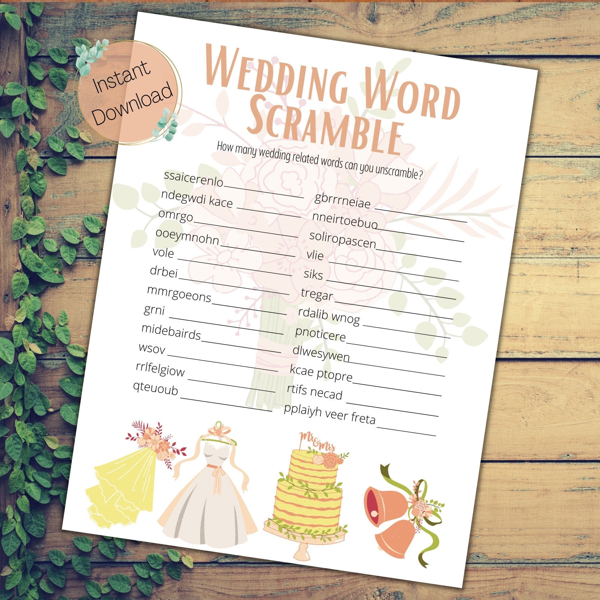Wedding Word Scramble Printable Bridal Shower Game W Answer Key 