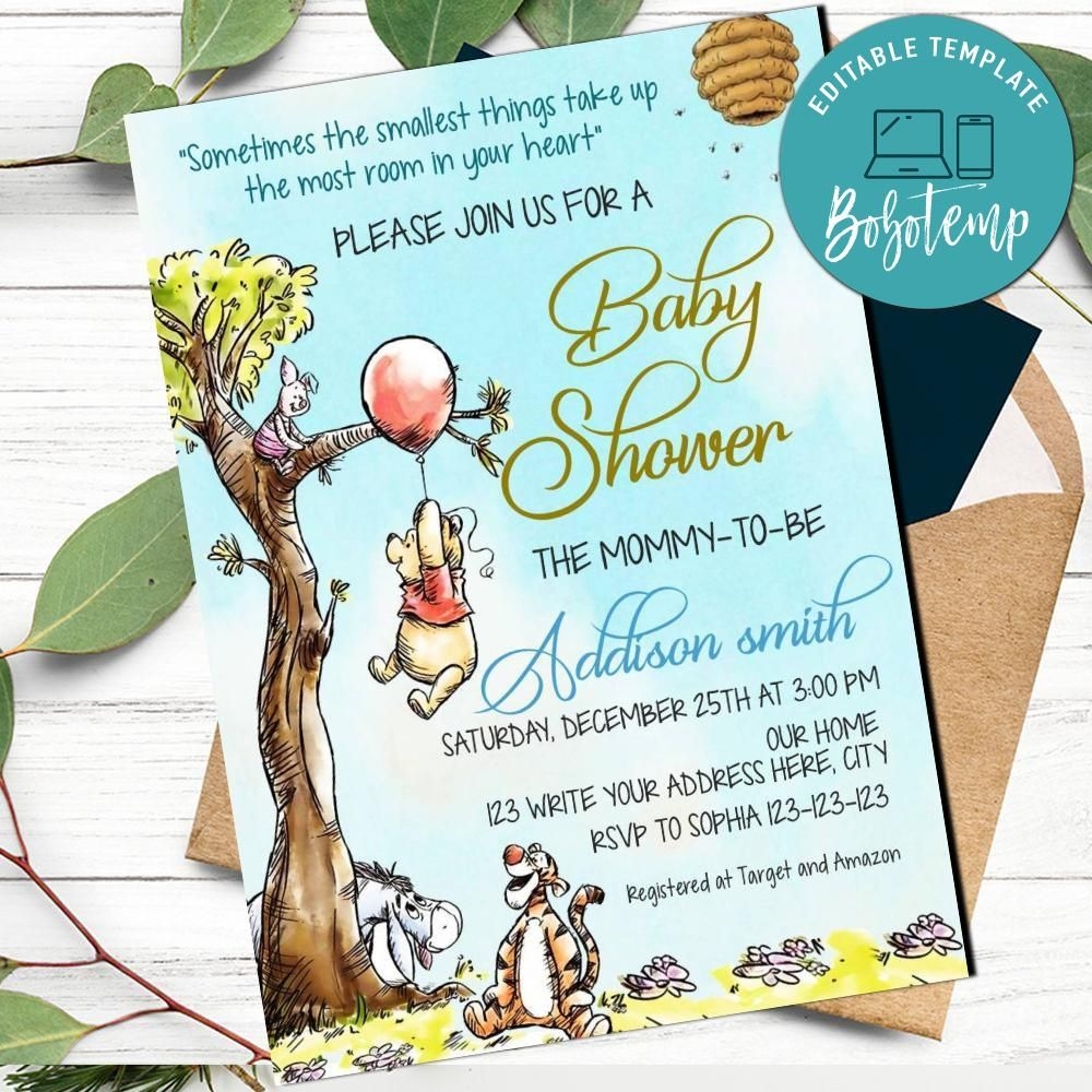 Winnie The Pooh Classic Baby Shower Invitation Template DIY Bobotemp