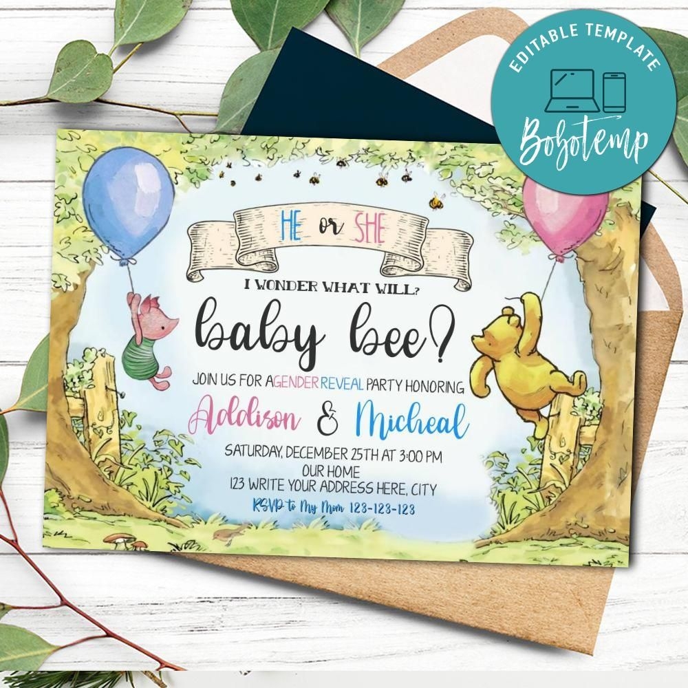 Winnie The Pooh Gender Reveal Invitation Printable DIY Bobotemp