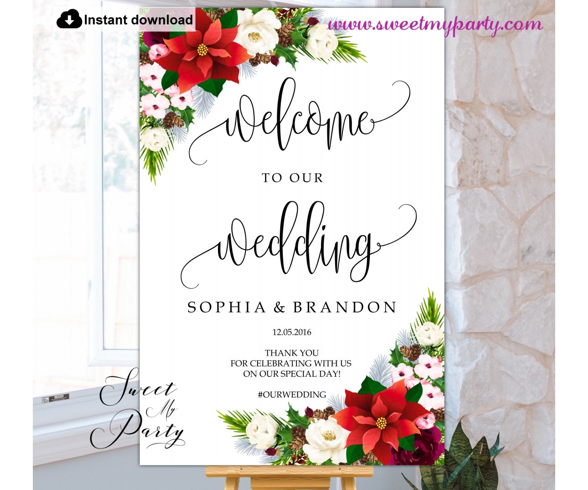 Winter Wedding Welcome Sign Template Poinsettia Wedding Welcome Sign 154 