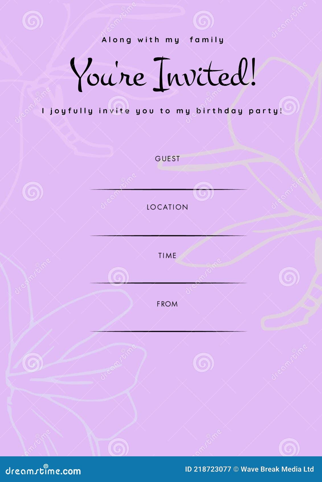 You Re Invited Message In Black With Floral Outline Birthday Invite With Details Space On Lilac Stock Illustration Illustration Of Template Space 218723077